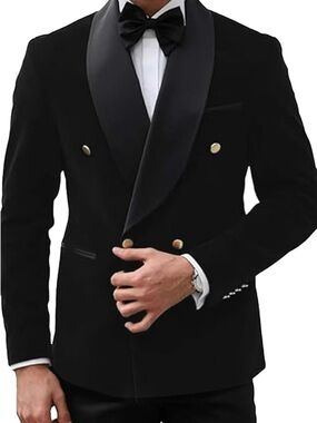 Men's Black Double-Breasted Satin Shawl Lapel Tuxedo Blazer